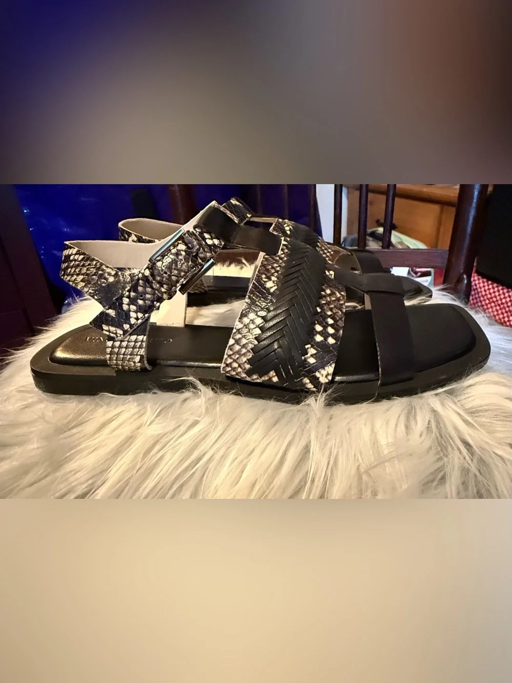 VINCE CAMUTO Bachelun Snakeskin Woven Leather Square Toe Sandals. NWOT
